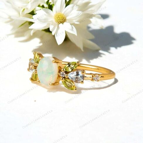 Vintage Opal Peridot & Aquamarine Cluster Bridal Ring 14k Yellow Gold Diamond Ring Unique Art Deco Handmade Jewelry Gift For Her in Saudi Arabia