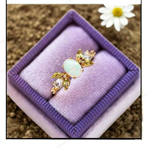 Vintage Opal Peridot & Aquamarine Cluster Bridal Ring 14k Yellow Gold Diamond Ring Unique Art Deco Handmade Jewelry Gift For Her in Saudi Arabia