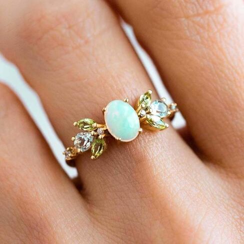 Vintage Opal Peridot & Aquamarine Cluster Bridal Ring 14k Yellow Gold Diamond Ring Unique Art Deco Handmade Jewelry Gift For Her in Saudi Arabia