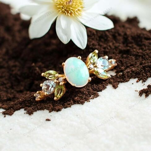 Vintage Opal Peridot & Aquamarine Cluster Bridal Ring 14k Yellow Gold Diamond Ring Unique Art Deco Handmade Jewelry Gift For Her in Saudi Arabia