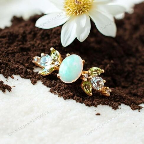 Vintage Opal Peridot & Aquamarine Cluster Bridal Ring 14k Yellow Gold Diamond Ring Unique Art Deco Handmade Jewelry Gift For Her in Saudi Arabia