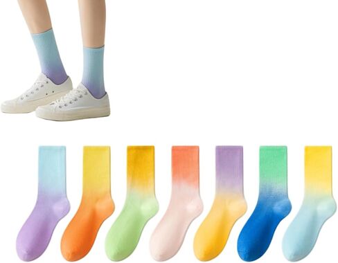 7-Pack Women's Gradient Mid-Calf Socks in Soft Cotton- Colorful Ombre Crew Socks for Daily Wear & Fashion in Saudi Arabia