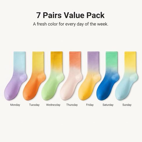 7-Pack Women's Gradient Mid-Calf Socks in Soft Cotton- Colorful Ombre Crew Socks for Daily Wear & Fashion in Saudi Arabia
