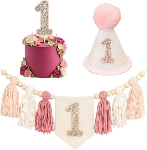 3 قطع كرسي مرتفع لعيد الميلاد الأول للفتيات، مجموعة لافتة كرسي مرتفع لعيد الميلاد الأول، قبعة عيد الميلاد الأول، قبعة عيد ميلاد واحدة، ديكور حفلات وردي مع قبعة وراية، دعامة التقاط الصور للفتيات in Kuwait