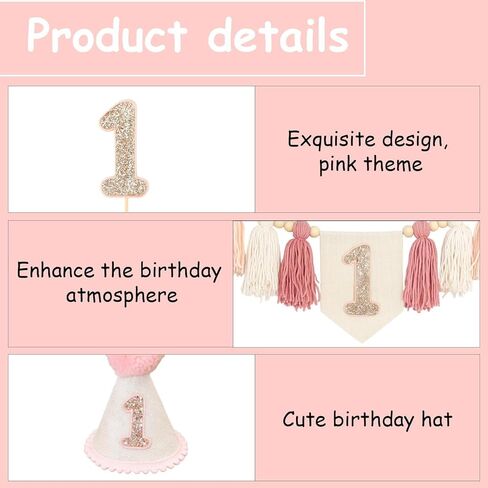 3 قطع كرسي مرتفع لعيد الميلاد الأول للفتيات، مجموعة لافتة كرسي مرتفع لعيد الميلاد الأول، قبعة عيد الميلاد الأول، قبعة عيد ميلاد واحدة، ديكور حفلات وردي مع قبعة وراية، دعامة التقاط الصور للفتيات in Kuwait
