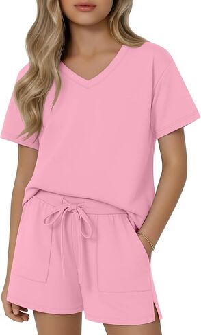 مجموعة ملابس صيفية للفتيات مكونة من قطعتين، قميص بأكمام قصيرة وياقة على شكل V وجيوب برباط، طقم ملابس كاجوال فضفاض in Kuwait