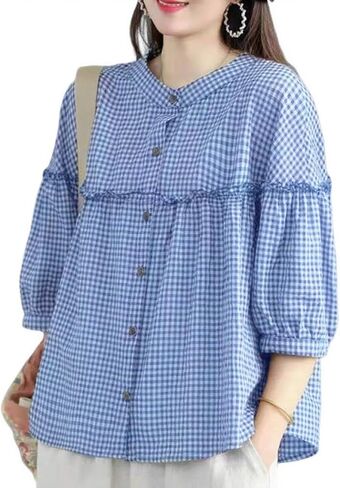 utcoco Womens Plaid Button Down Shirts Casual Loose Fit 3/4 Sleeve Tunic Tops Checkered Blouses in Saudi Arabia