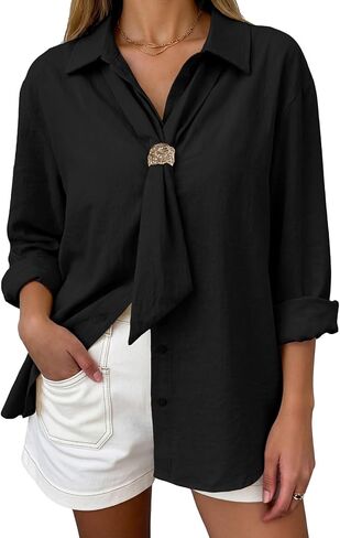 Astylish Women's Fashion Bow V Neck Button Down Blouse Casual Long Sleeve Trendy Tops Dressy Work Daily Wear Shirt in Saudi Arabia