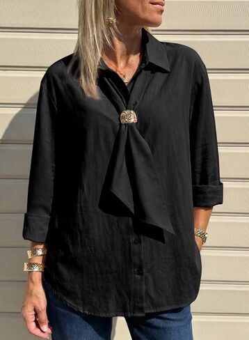 Astylish Women's Fashion Bow V Neck Button Down Blouse Casual Long Sleeve Trendy Tops Dressy Work Daily Wear Shirt in Saudi Arabia