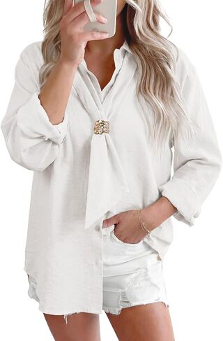Astylish Women's Fashion Bow V Neck Button Down Blouse Casual Long Sleeve Trendy Tops Dressy Work Daily Wear Shirt in Saudi Arabia