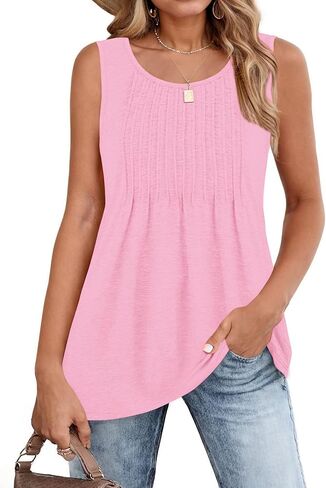 Zeagoo Women's Summer Tank Tops 2025 Pleated Crew Neck Floral Solid Loose Fit Casual Sleeveless Flowy Boho Tunic Shirts in Saudi Arabia