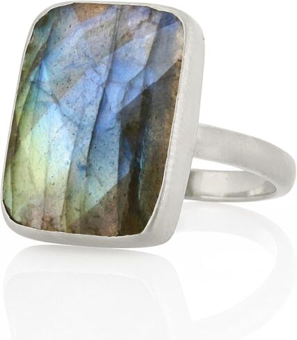 خاتم من الفضة قابل للتكديس - أحجار كريمة لابرادوريت مستطيلة كبيرة - تصميم من الفضة الإسترليني 925 - مجوهرات طبيعية لافتة للنظر in Kuwait