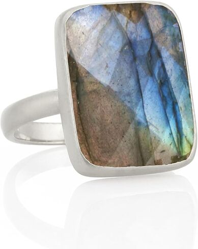 خاتم من الفضة قابل للتكديس - أحجار كريمة لابرادوريت مستطيلة كبيرة - تصميم من الفضة الإسترليني 925 - مجوهرات طبيعية لافتة للنظر in Kuwait