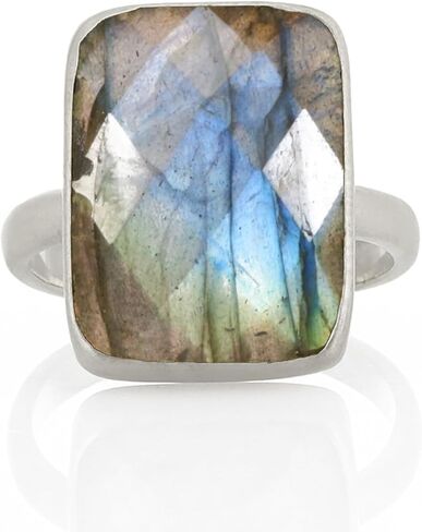 خاتم من الفضة قابل للتكديس - أحجار كريمة لابرادوريت مستطيلة كبيرة - تصميم من الفضة الإسترليني 925 - مجوهرات طبيعية لافتة للنظر in Kuwait