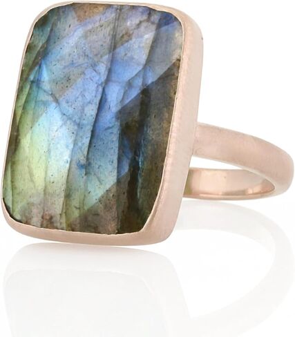 خاتم من الفضة قابل للتكديس - أحجار كريمة لابرادوريت مستطيلة كبيرة - تصميم من الفضة الإسترليني 925 - مجوهرات طبيعية لافتة للنظر in Kuwait