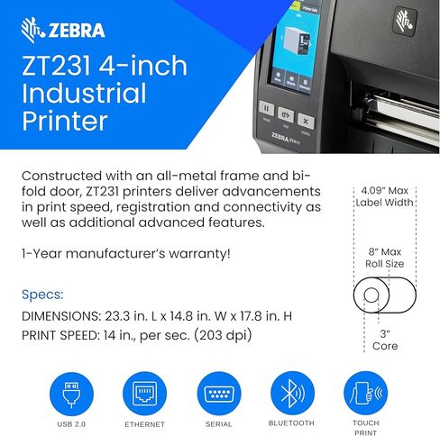 Zebra ZT231 Thermal Industrial Printer 4"| 203 DPI | No Ink Required | USB, Serial, Ethernet | Touch Color LCD | 1 Year Warranty | Thermal Transfer in Saudi Arabia