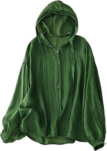Mzkdieey Women Cotton Linen Sun Protection Hoodie Jacket Drawstring Long Sleeve Button Down Blouse Oversized Hooded Cover Ups in Kuwait