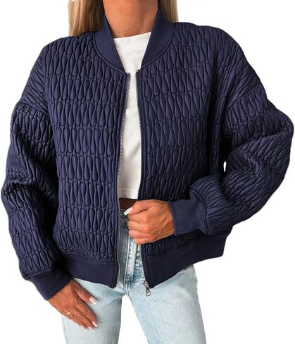 Bomber Jacket Women Lightweight Quilted Jackets Plaid Long Sleeve Zip Up Coat Spring Fall Clothes with Pockets Trendy in Kuwait