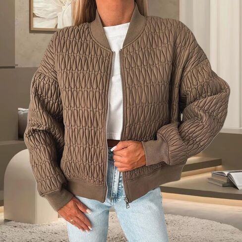 Bomber Jacket Women Lightweight Quilted Jackets Plaid Long Sleeve Zip Up Coat Spring Fall Clothes with Pockets Trendy in Saudi Arabia