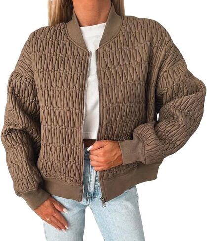 Bomber Jacket Women Lightweight Quilted Jackets Plaid Long Sleeve Zip Up Coat Spring Fall Clothes with Pockets Trendy in Saudi Arabia