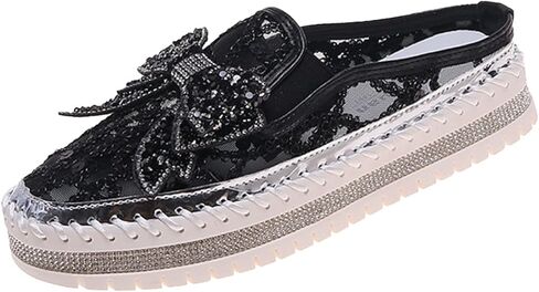 Women's Platform Rhinestones Glitter Sneakers,Fashion Cute Bow Comfy Breathe Canvas Hand-Stitching Slip On Casual Walking Flat Loafers in Saudi Arabia