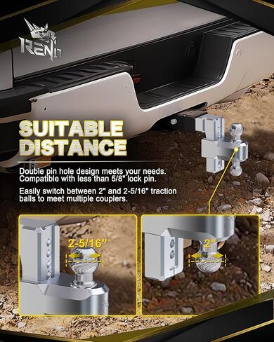 RENO Adjustable Trailer Hitch (Fits 3-Inch Receiver) - Heavy Duty Aluminum Tow Hitches with 6-Inch Drop/Rise for Truck (21,000 LBS GTW) - 2" and 2-5/16" Dual Ball Mounts in Kuwait