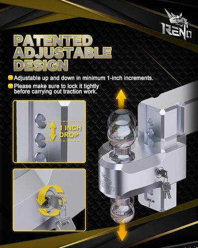 RENO Adjustable Trailer Hitch (Fits 3-Inch Receiver) - Heavy Duty Aluminum Tow Hitches with 6-Inch Drop/Rise for Truck (21,000 LBS GTW) - 2" and 2-5/16" Dual Ball Mounts in Kuwait
