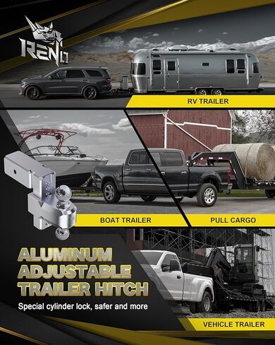 RENO Adjustable Trailer Hitch (Fits 3-Inch Receiver) - Heavy Duty Aluminum Tow Hitches with 6-Inch Drop/Rise for Truck (21,000 LBS GTW) - 2" and 2-5/16" Dual Ball Mounts in Kuwait