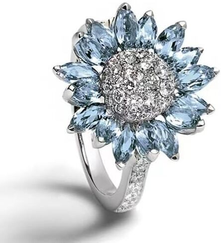 ASFKIPMF Sterling Silver Sunflower Ring, Blue Zircon, Halo Setting, 8 Size, Female, Floral Theme in Kuwait