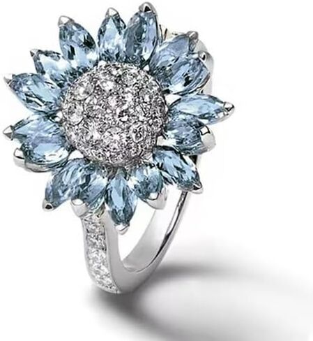 ASFKIPMF Sterling Silver Sunflower Ring, Blue Zircon, Halo Setting, 8 Size, Female, Floral Theme in Saudi Arabia