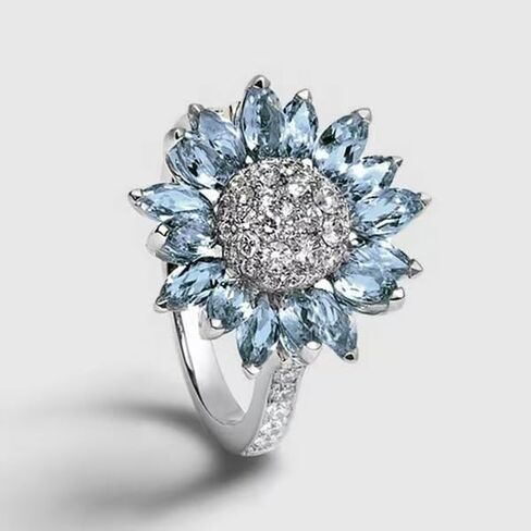 ASFKIPMF Sterling Silver Sunflower Ring, Blue Zircon, Halo Setting, 8 Size, Female, Floral Theme in Saudi Arabia