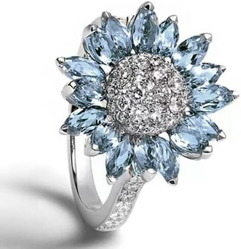 ASFKIPMF Sterling Silver Sunflower Ring, Blue Zircon, Halo Setting, 8 Size, Female, Floral Theme in Saudi Arabia