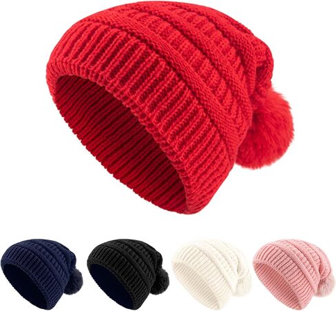 Winter Beanie for Women Warm Fleece Lined Winter Hats, Soft Snow Knit Skull Ski Cap with Pompom in Kuwait