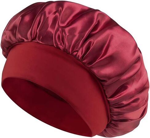 Satin Sleep Bonnet with Wide Elastic Band, Oversized Hair Protection Cap for Nighttime Use, Breathable Skull Cap Design in Multiple Colors for Comfortable Wear and Hair Management(Claret) in Saudi Arabia