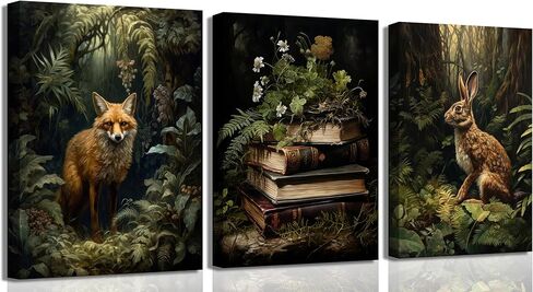 3Pcs Dark Forest Animal Canvas Wall Art Vintage Fox Rabbit Books Painting Picture Wall Decor Victorian Gothic Botanical Flower Poster Print Artwork for Living Room Bedroom Home Decoration in Saudi Arabia