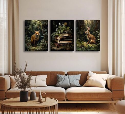 3Pcs Dark Forest Animal Canvas Wall Art Vintage Fox Rabbit Books Painting Picture Wall Decor Victorian Gothic Botanical Flower Poster Print Artwork for Living Room Bedroom Home Decoration in Saudi Arabia
