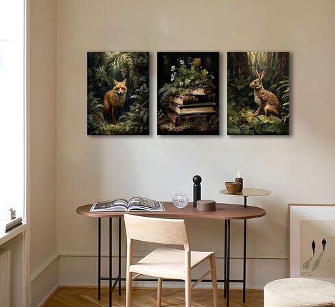 3Pcs Dark Forest Animal Canvas Wall Art Vintage Fox Rabbit Books Painting Picture Wall Decor Victorian Gothic Botanical Flower Poster Print Artwork for Living Room Bedroom Home Decoration in Saudi Arabia