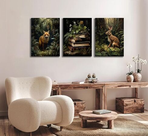 3Pcs Dark Forest Animal Canvas Wall Art Vintage Fox Rabbit Books Painting Picture Wall Decor Victorian Gothic Botanical Flower Poster Print Artwork for Living Room Bedroom Home Decoration in Saudi Arabia