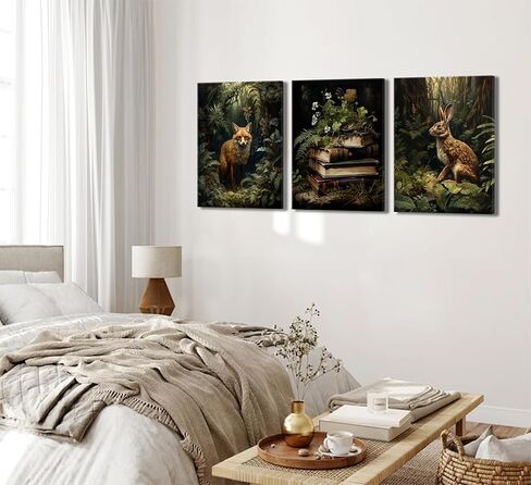 3Pcs Dark Forest Animal Canvas Wall Art Vintage Fox Rabbit Books Painting Picture Wall Decor Victorian Gothic Botanical Flower Poster Print Artwork for Living Room Bedroom Home Decoration in Saudi Arabia