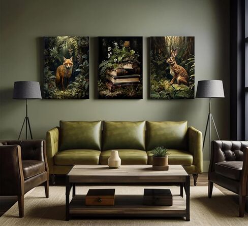 3Pcs Dark Forest Animal Canvas Wall Art Vintage Fox Rabbit Books Painting Picture Wall Decor Victorian Gothic Botanical Flower Poster Print Artwork for Living Room Bedroom Home Decoration in Saudi Arabia