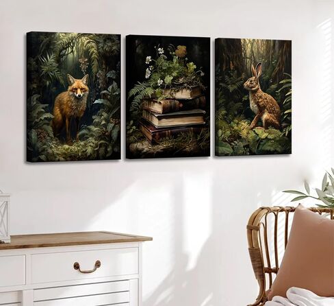 3Pcs Dark Forest Animal Canvas Wall Art Vintage Fox Rabbit Books Painting Picture Wall Decor Victorian Gothic Botanical Flower Poster Print Artwork for Living Room Bedroom Home Decoration in Saudi Arabia