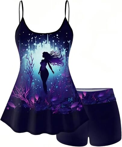 Rosegal Plus Size Women Gothic Tummy Control Modest Tankini Swimsuit Mermaid Print Boyleg Padded Tankini Swimwear in Kuwait