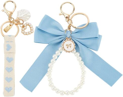 سلسلة مفاتيح CRASPIRE Bowknot Pearl للنساء باللون الأزرق مع سوار معصم ومشبك جراد البحر وحقيبة لطيفة وحلقة مفاتيح من الفولاذ المقاوم للصدأ لحقيبة المحفظة وحقائب اليد للسيارة وحقيبة الظهر وإكسسوارات القوس in Saudi Arabia