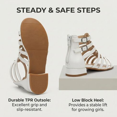 koppu Girls Gladiator Sandals Strappy Dress Sandals Low Block Heel Open Toe Wedding Party School Shoes with Back Zipper in Saudi Arabia