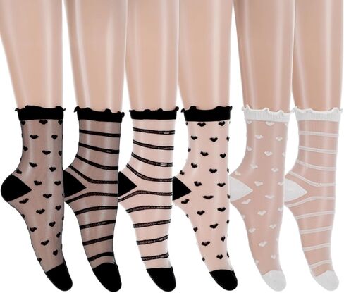 Yolev 6 Pairs Sheer Socks Women Ruffle Sheer Ankle Socks Striped and Heart Ultra Thin Transparent See Through Sock for Women Girls Casual in Saudi Arabia