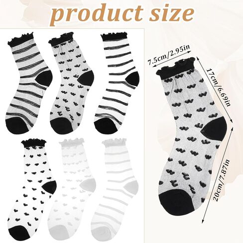 Yolev 6 Pairs Sheer Socks Women Ruffle Sheer Ankle Socks Striped and Heart Ultra Thin Transparent See Through Sock for Women Girls Casual in Saudi Arabia