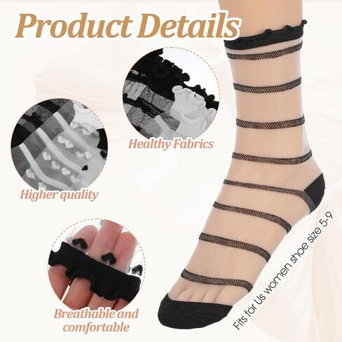 Yolev 6 Pairs Sheer Socks Women Ruffle Sheer Ankle Socks Striped and Heart Ultra Thin Transparent See Through Sock for Women Girls Casual in Saudi Arabia