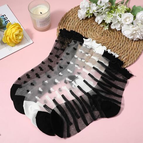 Yolev 6 Pairs Sheer Socks Women Ruffle Sheer Ankle Socks Striped and Heart Ultra Thin Transparent See Through Sock for Women Girls Casual in Saudi Arabia