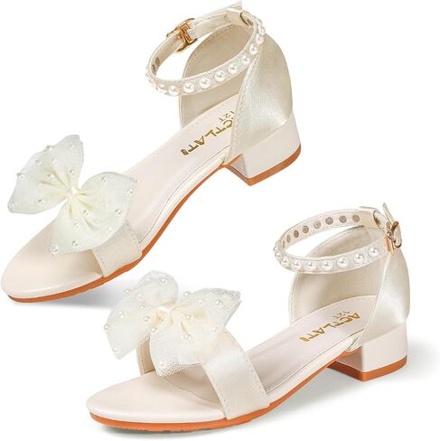 Girls Sandals Low Heels Dress Pump, Open Toe Heels with Bow & Decorative Pearls Ankle Strap Girl Wedding School Party for Little Big Kid in Kuwait