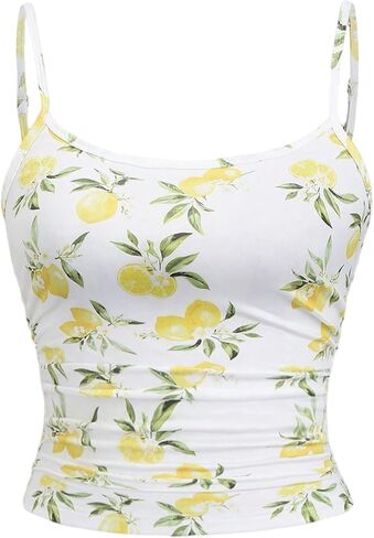 WDIRARA Women's Lemon Print Cami Top Ruched Spaghetti Strap Camisole Vacation Fitted Crop Tops in Saudi Arabia